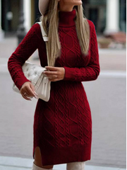 Women Turtleneck Sweater Solid Color Slit Knitted Sweater Dress