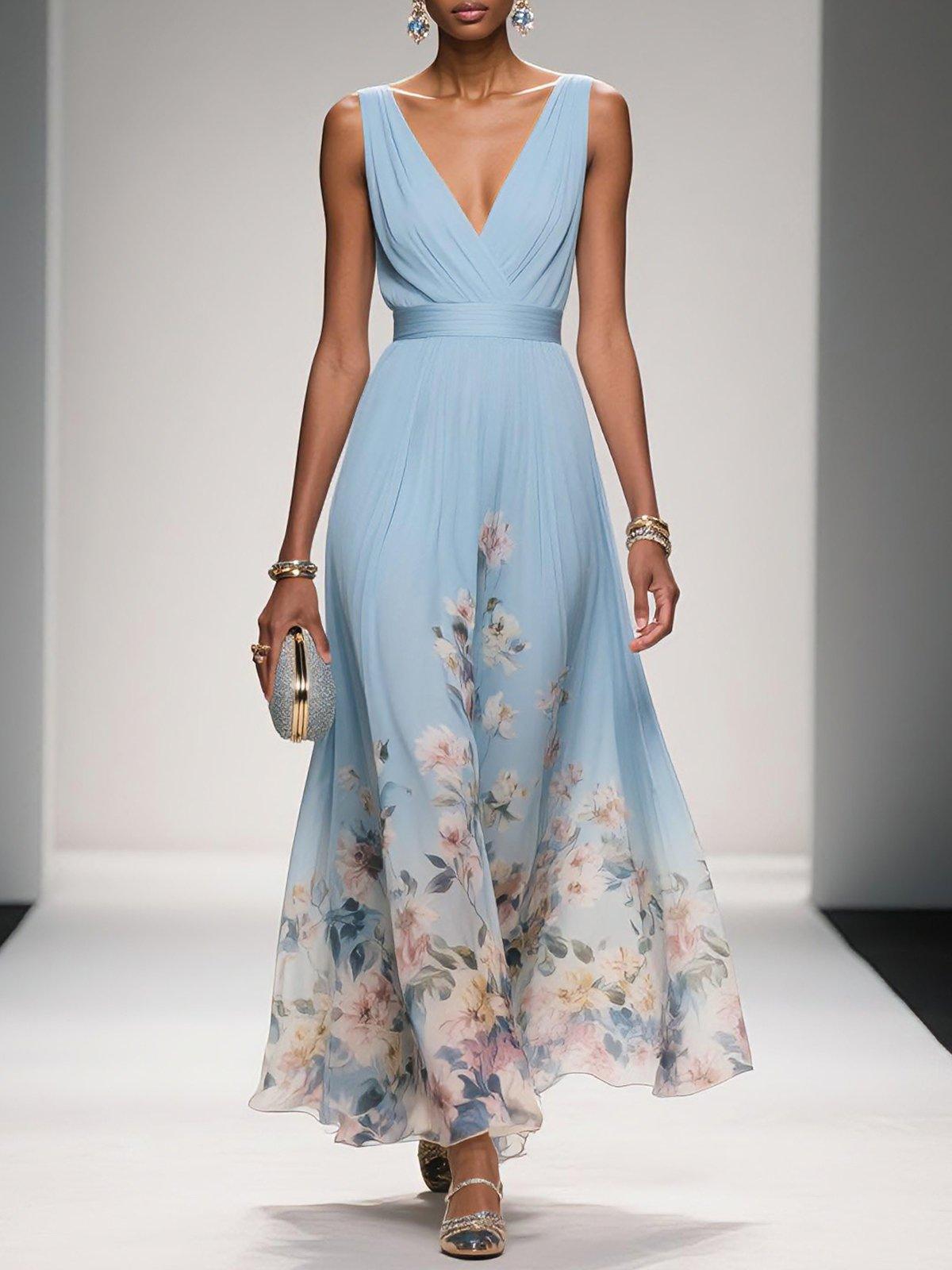 Light Blue Floral Chiffon V Neck Sleeveless A-Line Maxi Dress