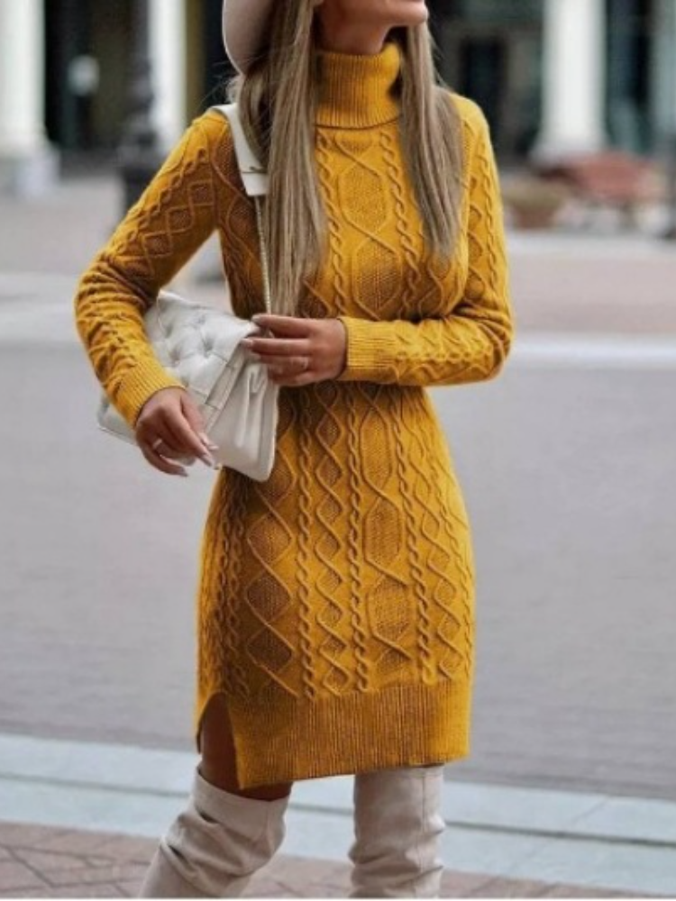 Women Turtleneck Sweater Solid Color Slit Knitted Sweater Dress