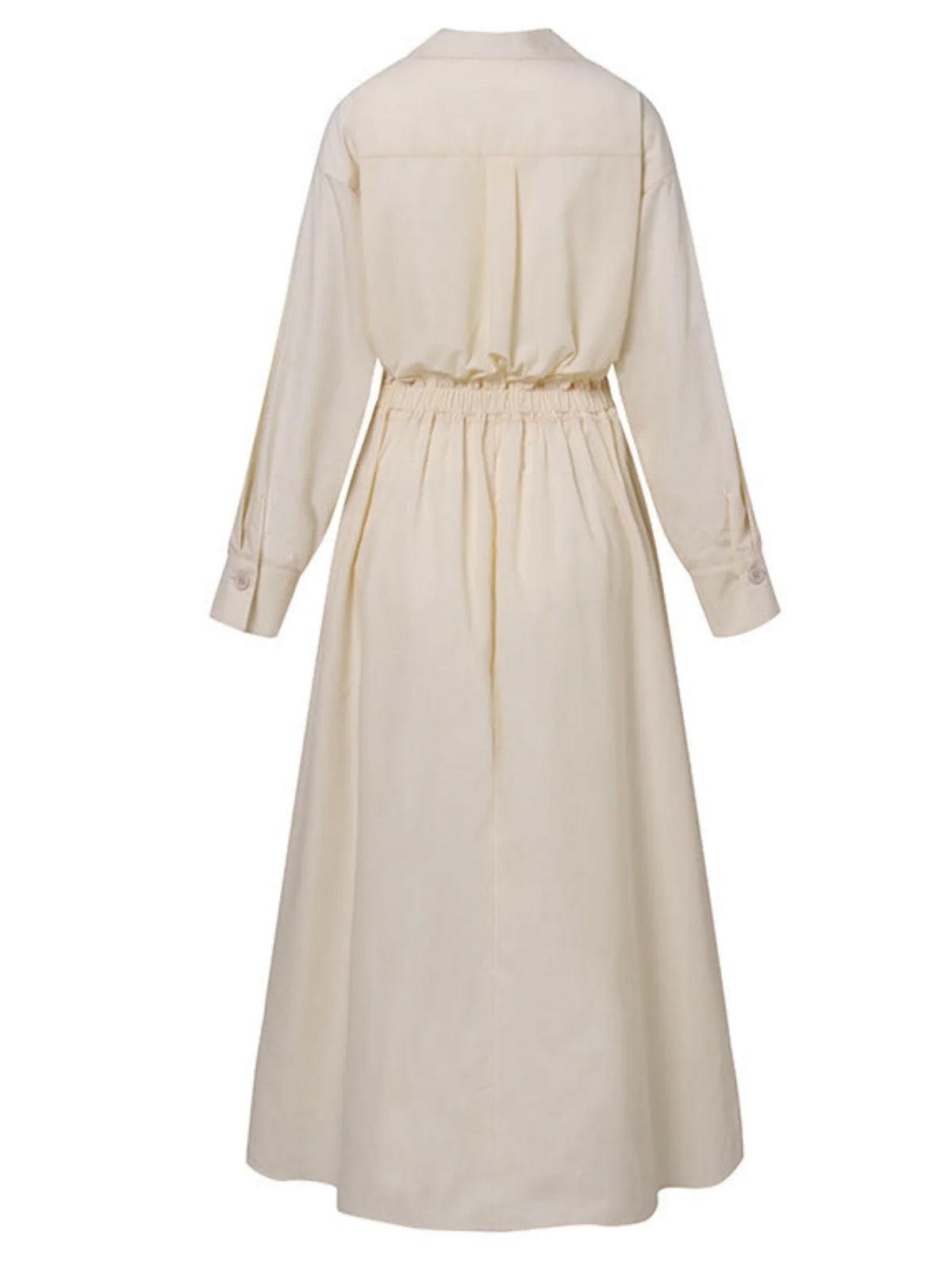 Elegant Pocket Button Lapel Collar Fold Solid Midi Dress