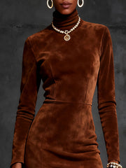 Brown Faux Suede Turtleneck Fringe Hem Mini Dress