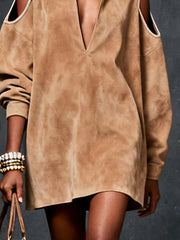 Camel Faux Suede Cold-Shoulder Dress