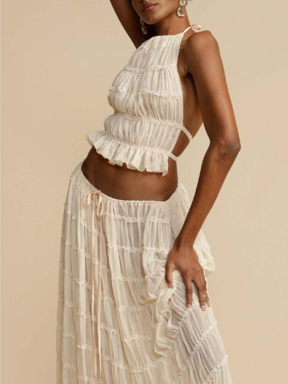 Pleated Drawstring Charm Waist Tiered Maxi Skirt Suit