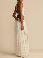 Pleated Drawstring Charm Waist Tiered Maxi Skirt Suit