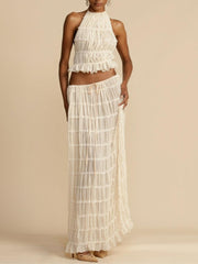 Pleated Drawstring Charm Waist Tiered Maxi Skirt Suit