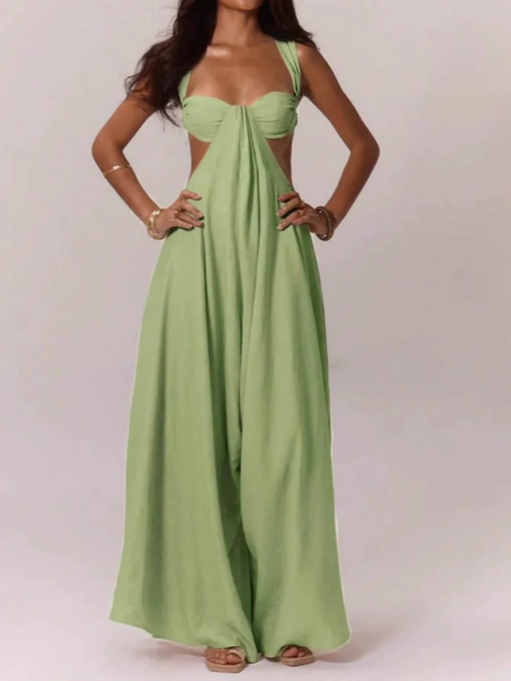 Paneled pleated wide-leg jumpsuit