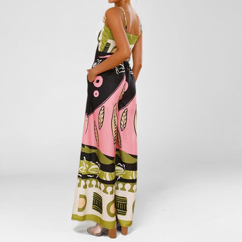 Printed waist-hugging elegant suspender wide-leg straight jumpsuit