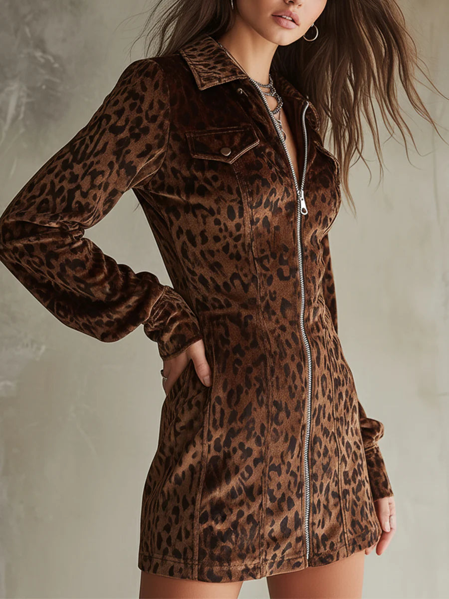 Retro Velvet Leopard Print Lantern Sleeve Mini Dress