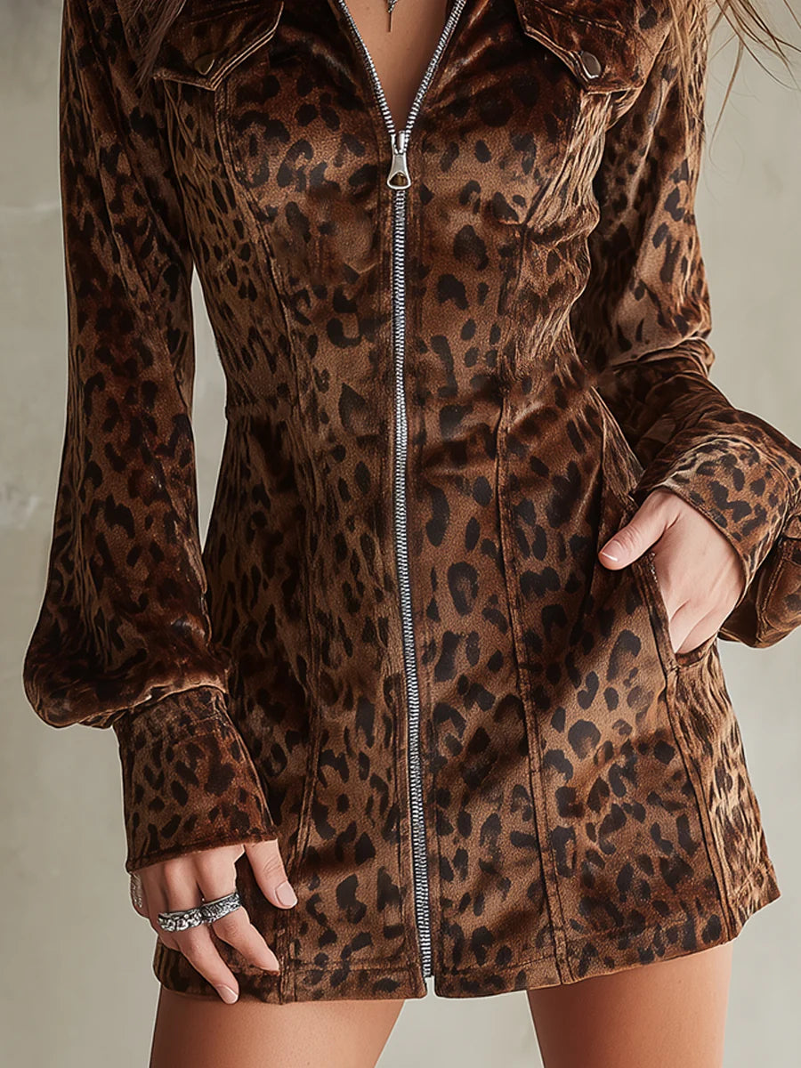 Retro Velvet Leopard Print Lantern Sleeve Mini Dress