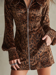 Retro Velvet Leopard Print Lantern Sleeve Mini Dress