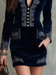 Vintage Embroidered Fitted Velvet Mini Dress