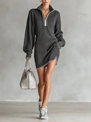 Fashion Loose Knit White Trim Zipper Polo Neck Mini Dress