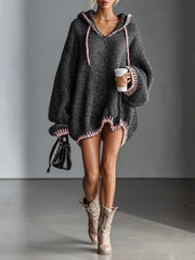 Loose-fitting hooded pink-trimmed knitted mini dress