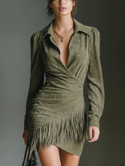 Olive Green Faux Suede V-Neck Wrap Mini Dress
