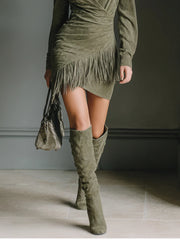 Olive Green Faux Suede V-Neck Wrap Mini Dress
