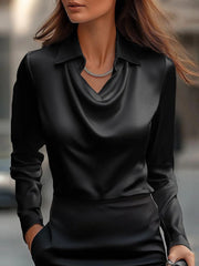 Solid Satin Floral Print Simple Swing Collar Shirt Top