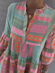 Elegant Patchwork Printed V-neck Three-quarter Sleeve Dress