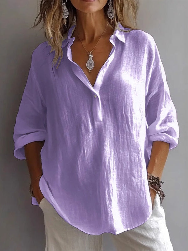 Casual Loose Long Sleeve Linen V-Neck Shirt