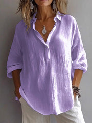 Casual Loose Long Sleeve Linen V-Neck Shirt