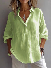 Casual Loose Long Sleeve Linen V-Neck Shirt