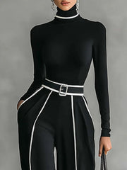 White Trim High-neck Long-sleeved Top With Wide-leg Pants and Belt Set