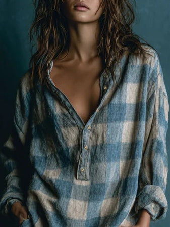 Blue And White Loose Plaid Henley Neck Long Sleeve Mini Dress