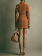 Brown Faux Suede Stand Collar Zipper Mini Dress