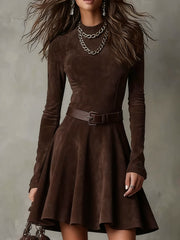 Vintage Dark Brown Suede Mock Neck Mini Dress
