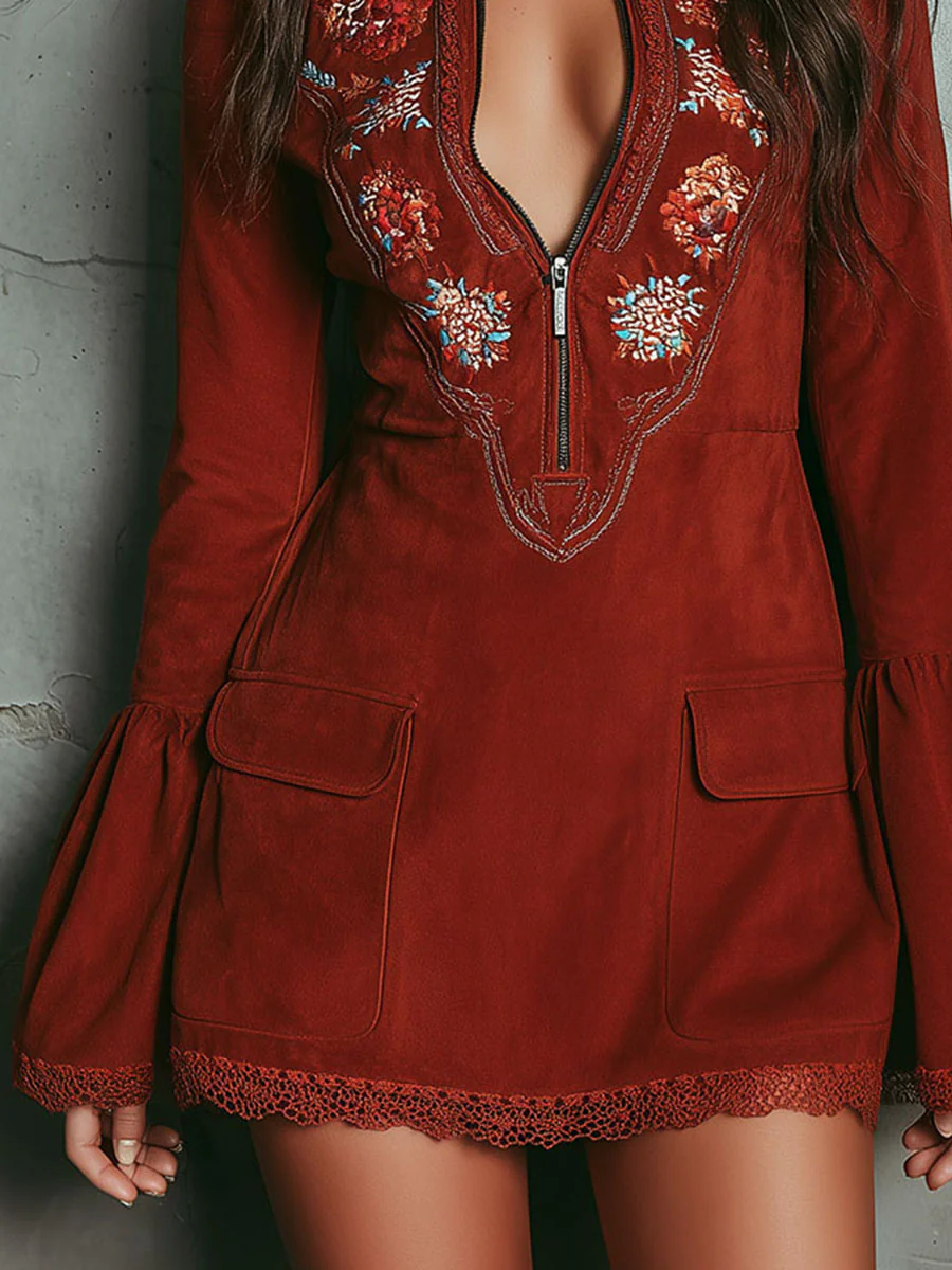 Vintage Rust Red Bell Sleeve Embroidered Faux Suede Lace Mini Dress
