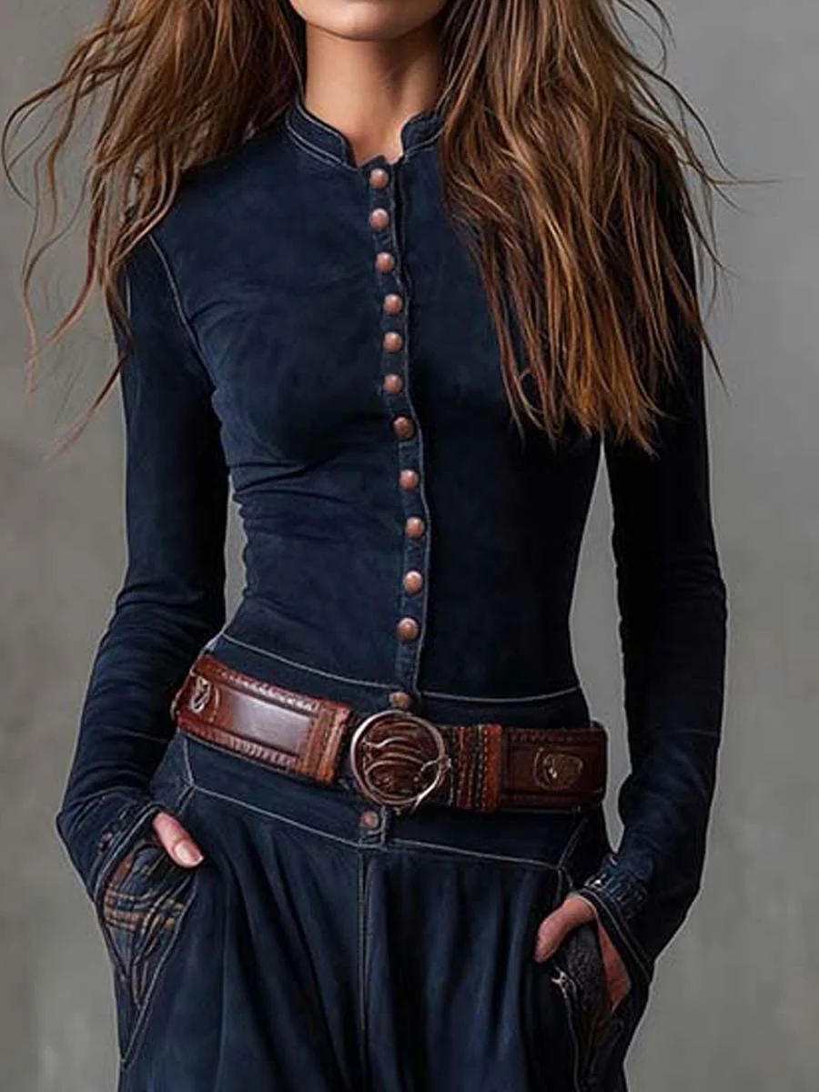 Navy Plaid Paneled Vintage Suede Maxi Dress(with belt)