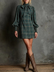 Green Plaid Print Bow Tie Half-High Neck Lantern Sleeve Mini Dress