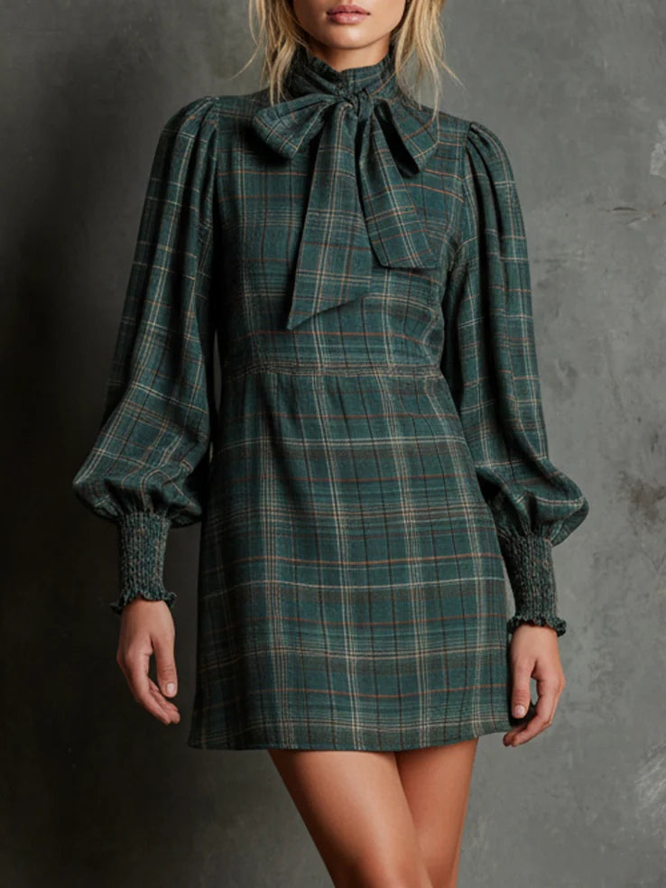 Green Plaid Print Bow Tie Half-High Neck Lantern Sleeve Mini Dress