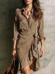 Retro Khaki Collared Ruffled Faux Suede Mini Dress