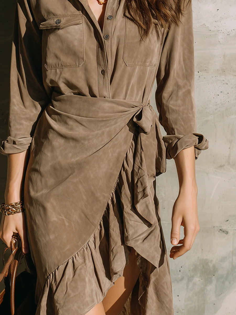 Retro Khaki Collared Ruffled Faux Suede Mini Dress