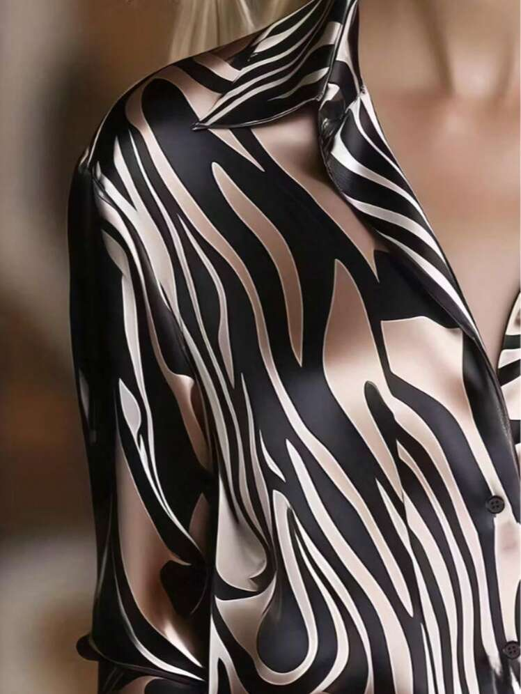 Elegant Satin Collar Zebra Print Shirt