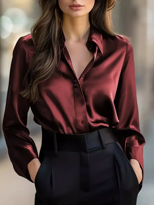 Satin Solid Color Long-sleeved Elegant Casual Shirt