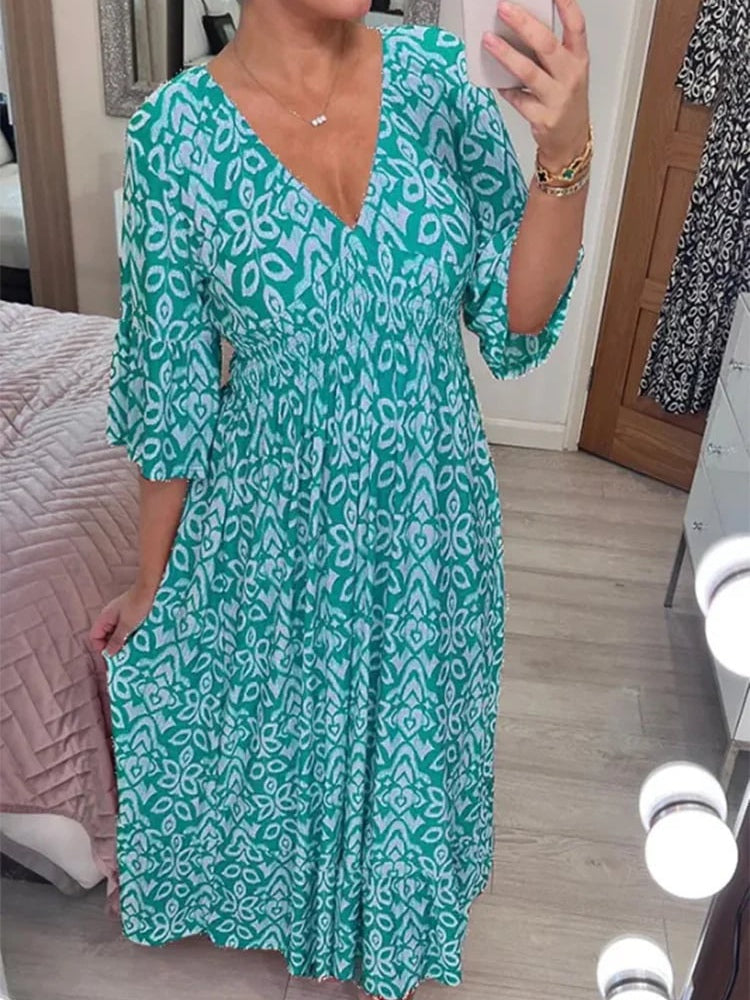 Bohemian Casual Print V-neck Waist Wrap Long Dress