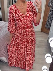 Bohemian Casual Print V-neck Waist Wrap Long Dress