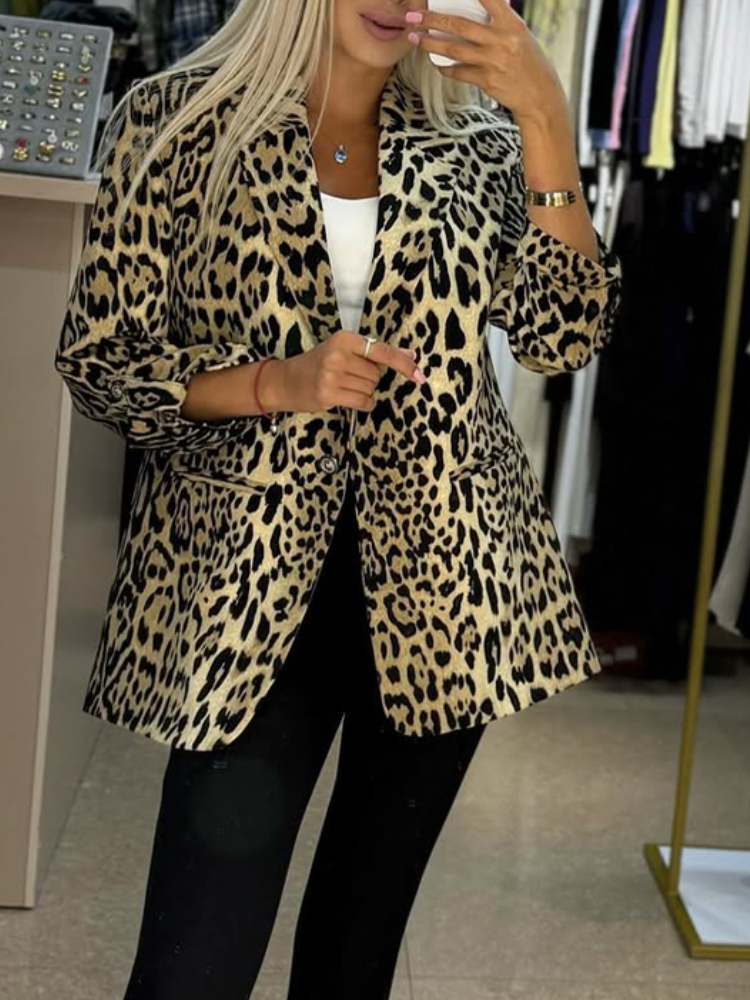 Womens Lapel Leopard Print Casual Jacket