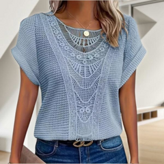 Elegant Lace Patchwork Hollow Short-sleeved Top