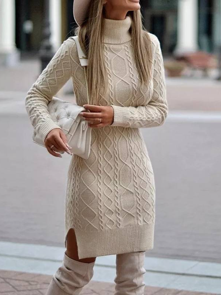 Women Turtleneck Sweater Solid Color Slit Knitted Sweater Dress