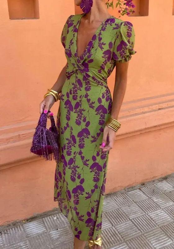Printed long dress elegant slim v-neck short sleeve dress