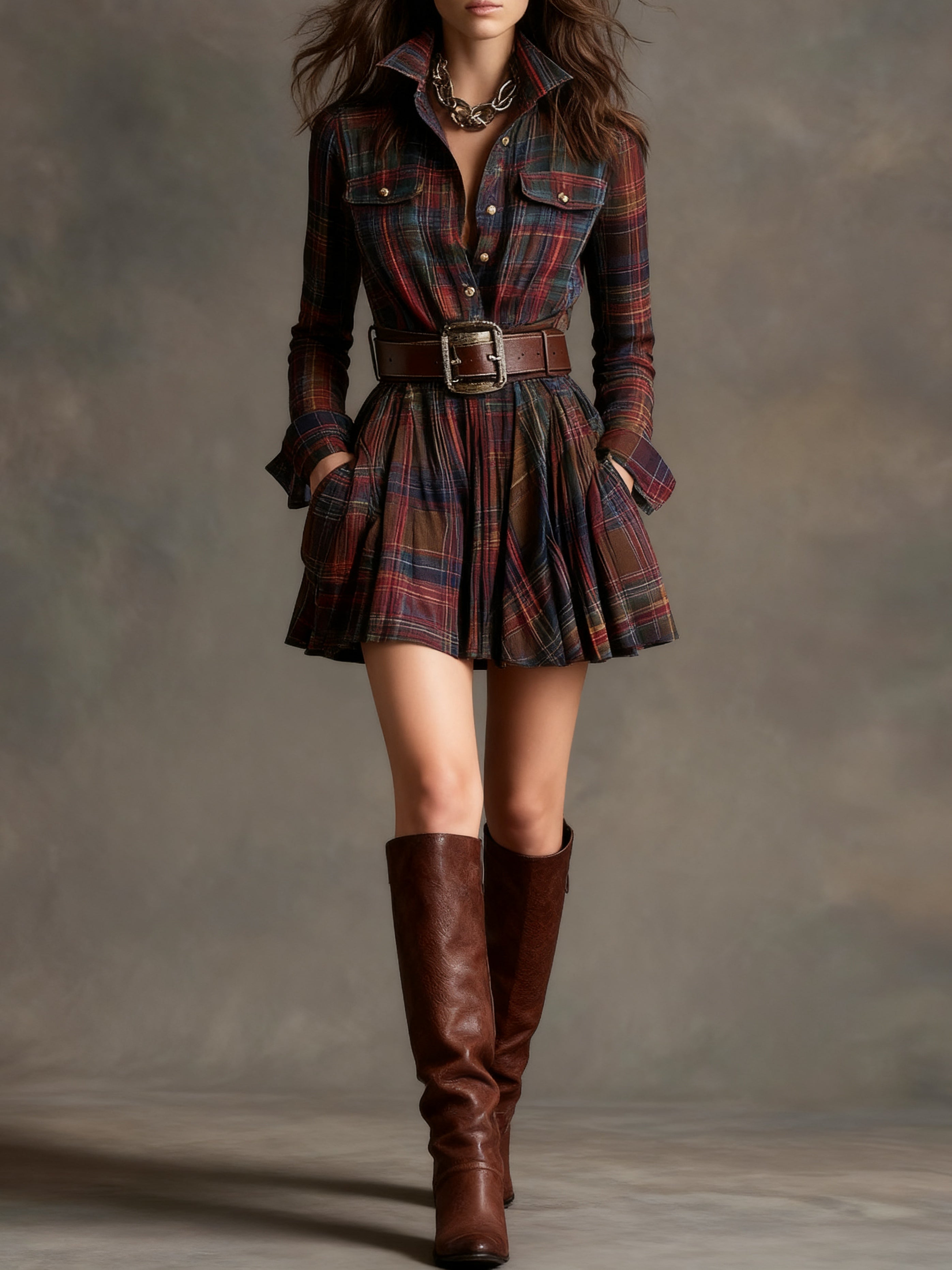Vintage Lapel Red and Brown Plaid Mini Dress