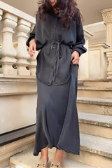 Long-sleeved Tie-Drawstring Shirt and Skirt Set